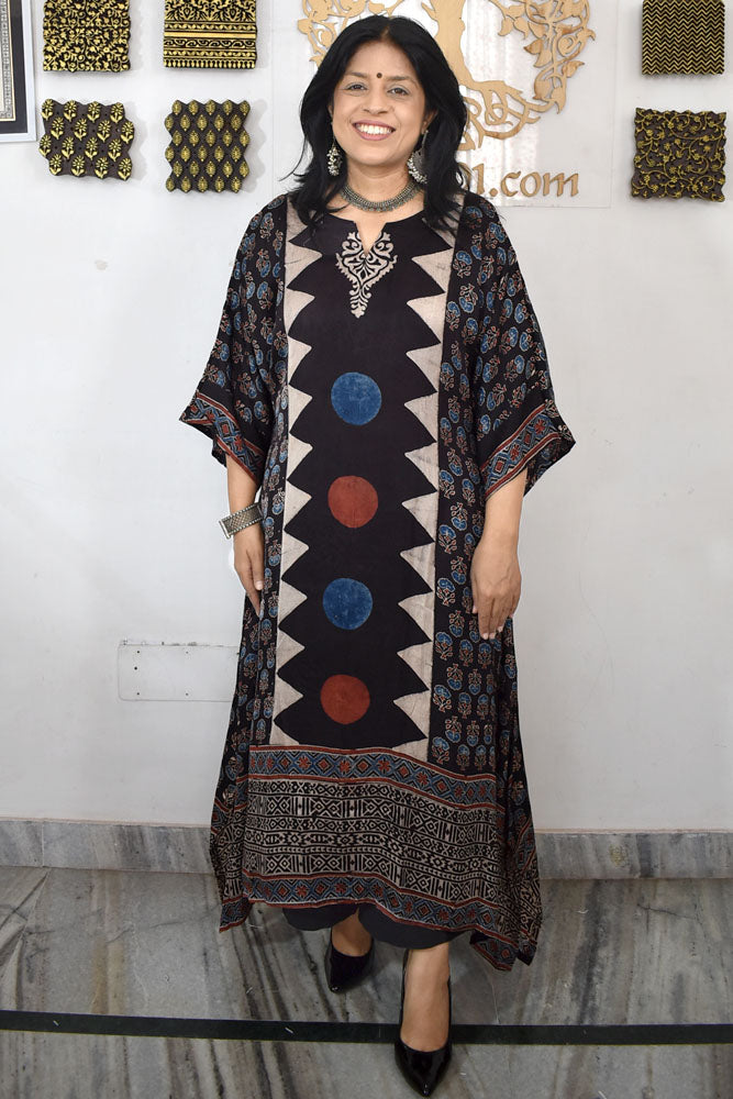 Beautiful Hand Block Printed Ajrakh Modal Silk Kurta, Size 40 to 46