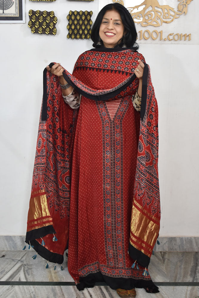 Beautiful Hand Block printed Ajrakh Modal silk suit with Lagdi patta dupatta