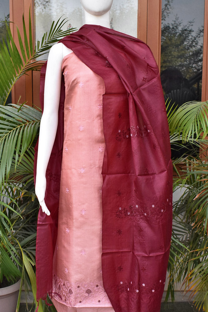 Elegant Tussar Silk Unstitched suit with Embroidered Kurta and Dupatta & blended silk bottom