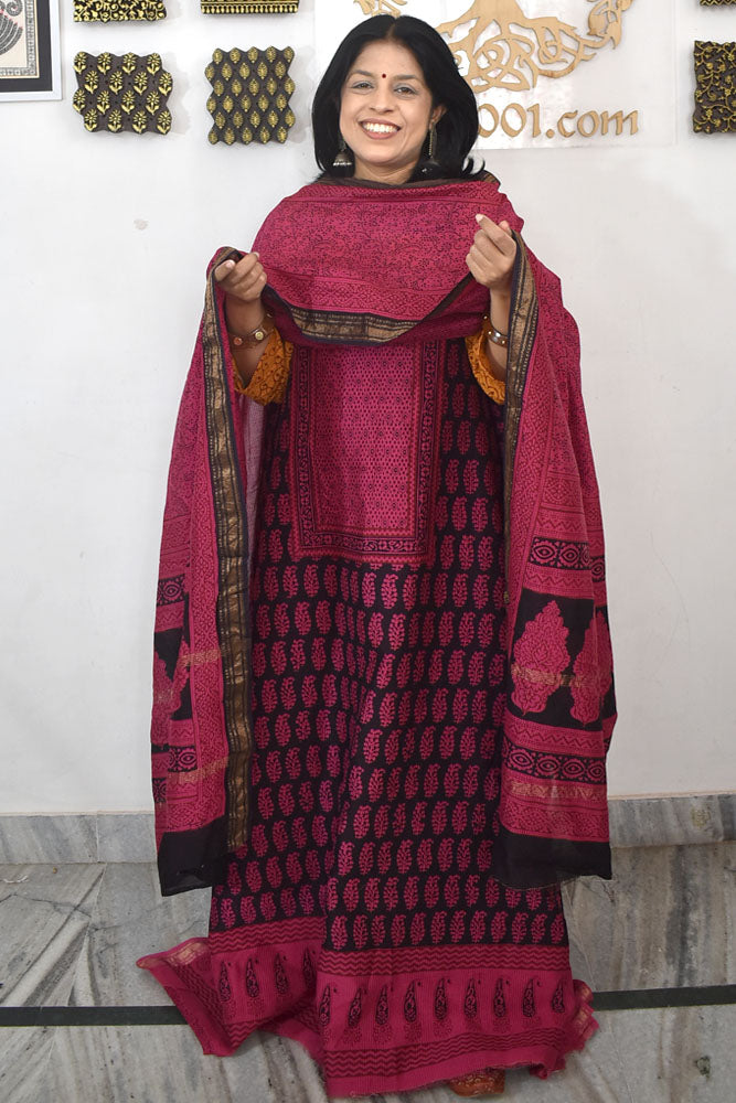 Bagh Hand Block Printed unstitched 3 pcs Handwoven Maheshwari suit fabric with Zari borders