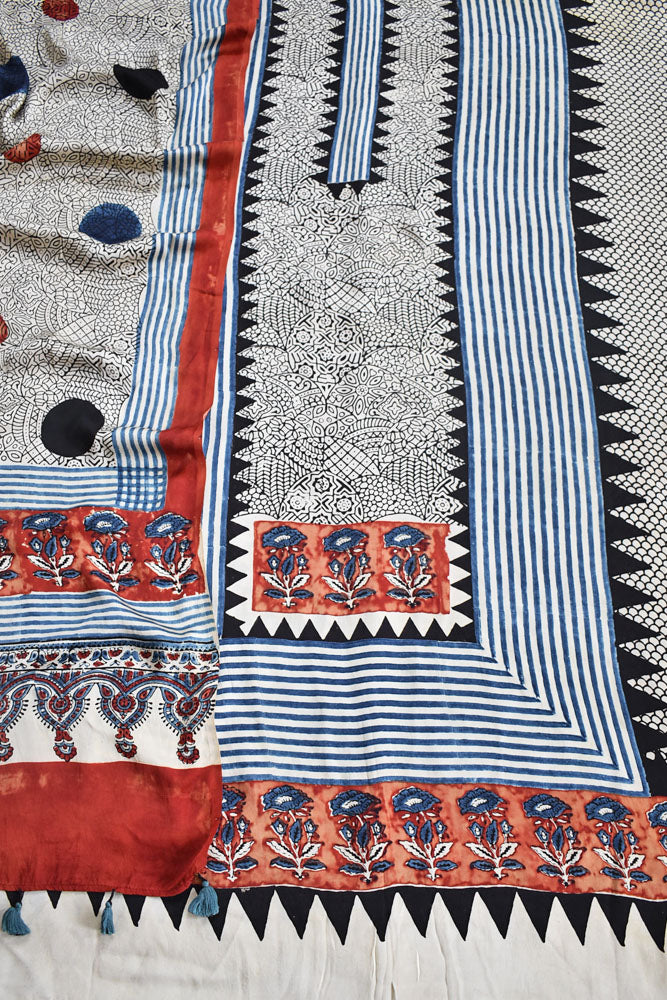 Designer Ajrakh Modal Kurta and Dupatta Set with Neck yoke and panel design
