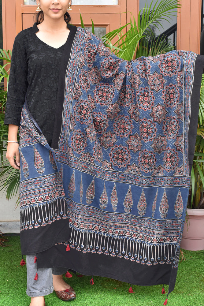 Ajrakh Hand Block Printed Cotton Dupatta with Tassels with natural dyes