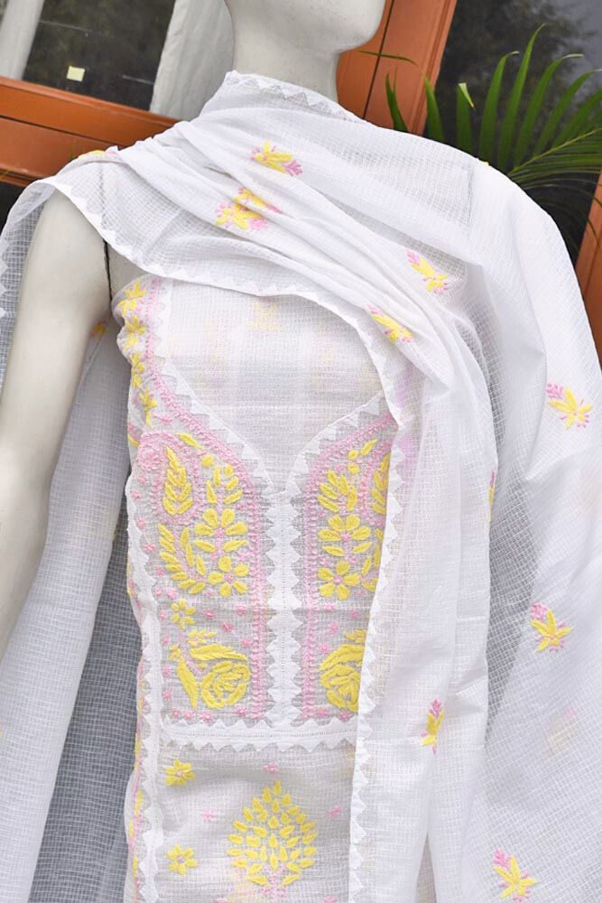 Elegant Milky White Kota Kurta & Dupatta Set with Applique & Lucknowi Hand Chikankari embroidery