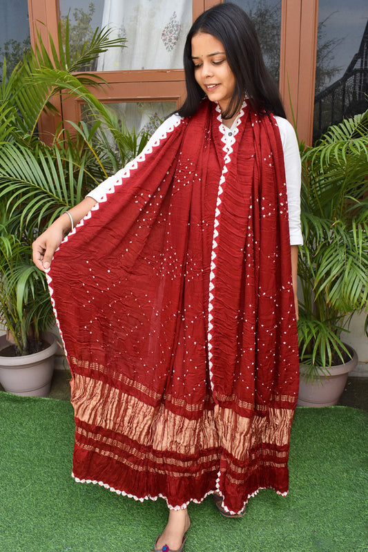 Beautiful Hand Crafted Bandhani Modal Silk Dupatta with Tissue Lagdi patta palla