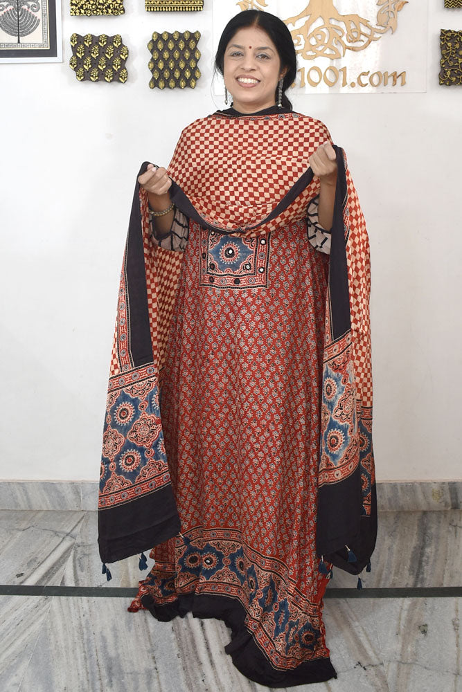 Designer Ajrakh Modal Silk Unstitched suit with Mirror Work, Ajrakh Dupatta & Bottom- 3 piece set