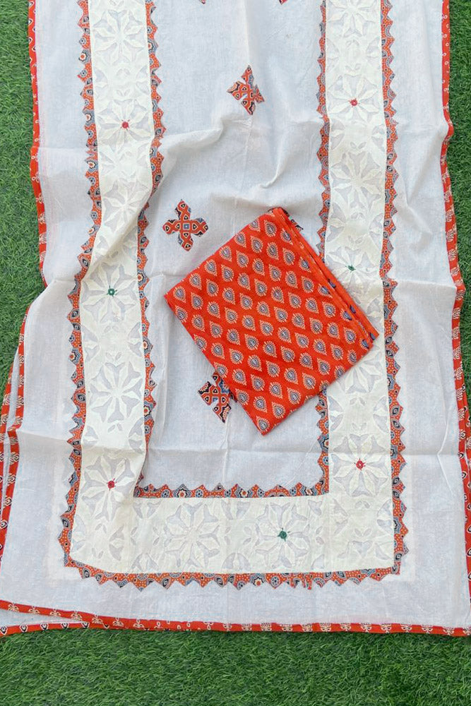 Beautiful Ajrakh kurta fabric with Applique & Mirror work Organdy dupatta