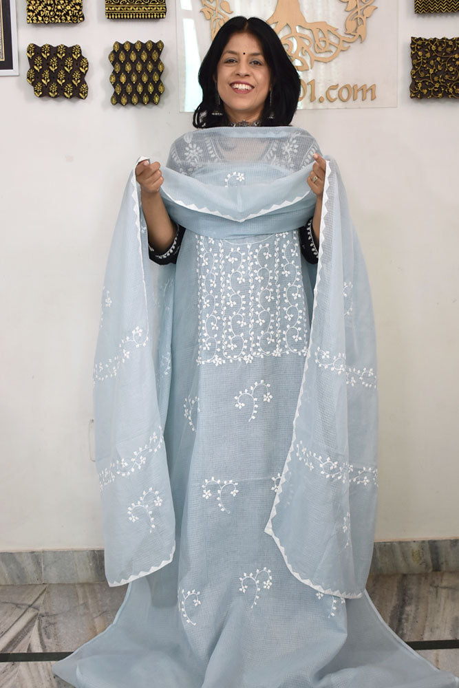 Elegant Kota Unstitched Kurta & Dupatta set with Hand done Phool patti work and Applique border