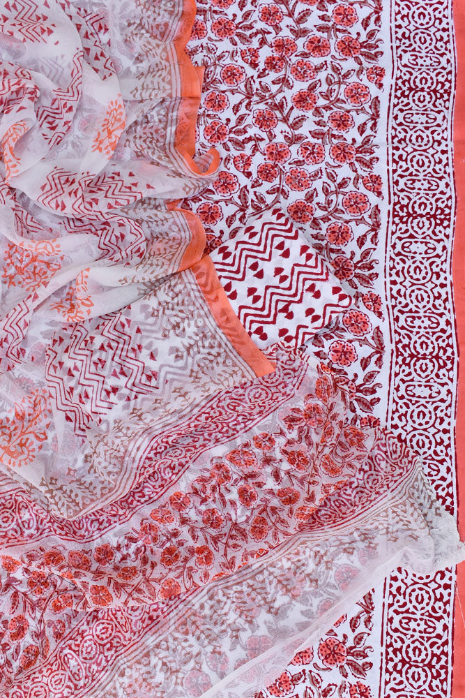 Hand Block Printed Cotton unstitched suit fabric with Chiffon dupatta