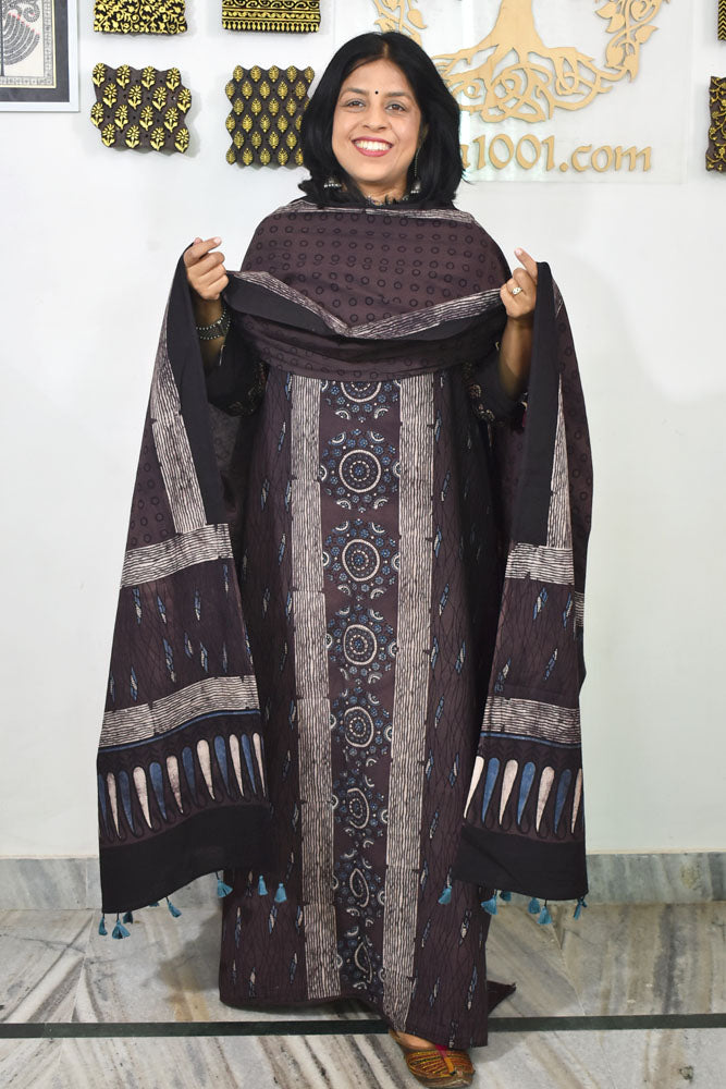 Block Print Ajrakh Cotton Suit with designer Ajrakh neck yoke /panel & Dupatta