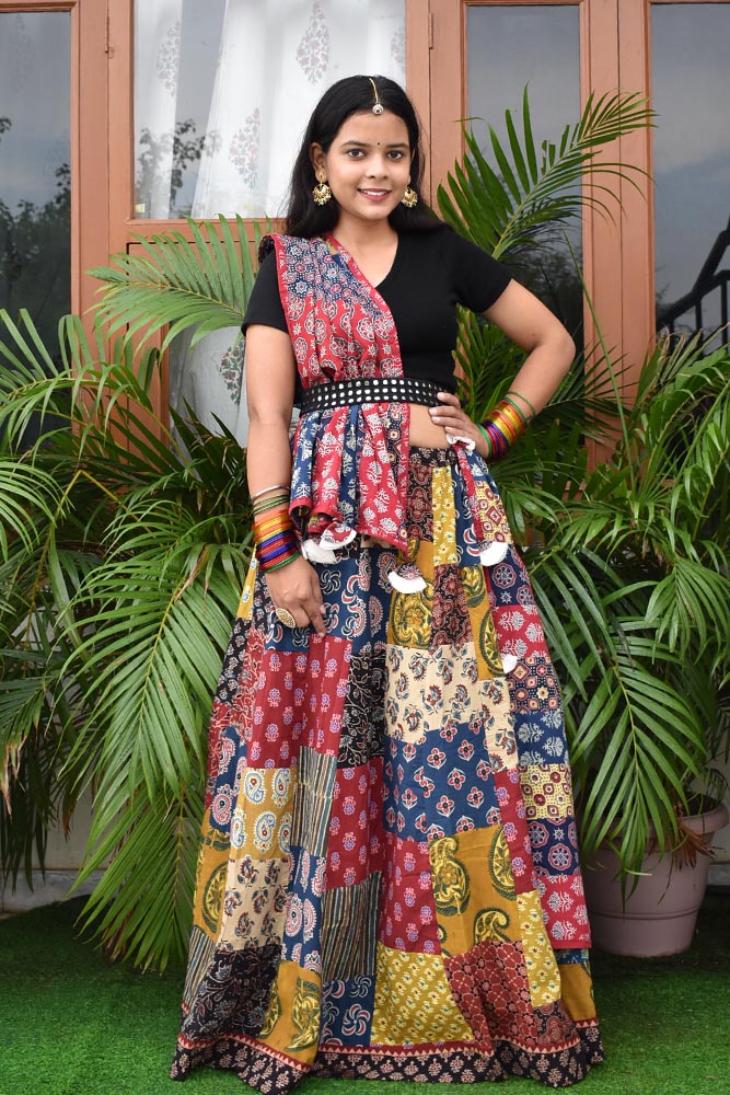 Beautiful Ajrakh Hand Block Printed Patch Work Cotton Long Skirt with Stitched borders