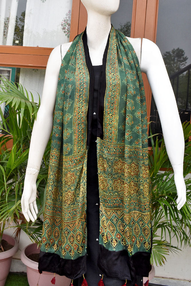 Beautiful Hand Block Printed Ajrakh Modal Silk stole with Tassels