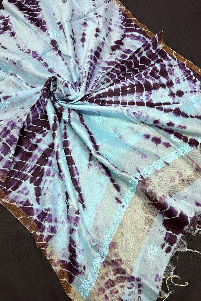 Beautiful Tie & dye Chanderi Dupatta with Hand Lucknowi Chikankari Embroidery