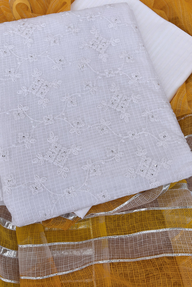 Premium Kota Unstitched suit with Schiffli & sequin work & Hand Block Print Dupatta