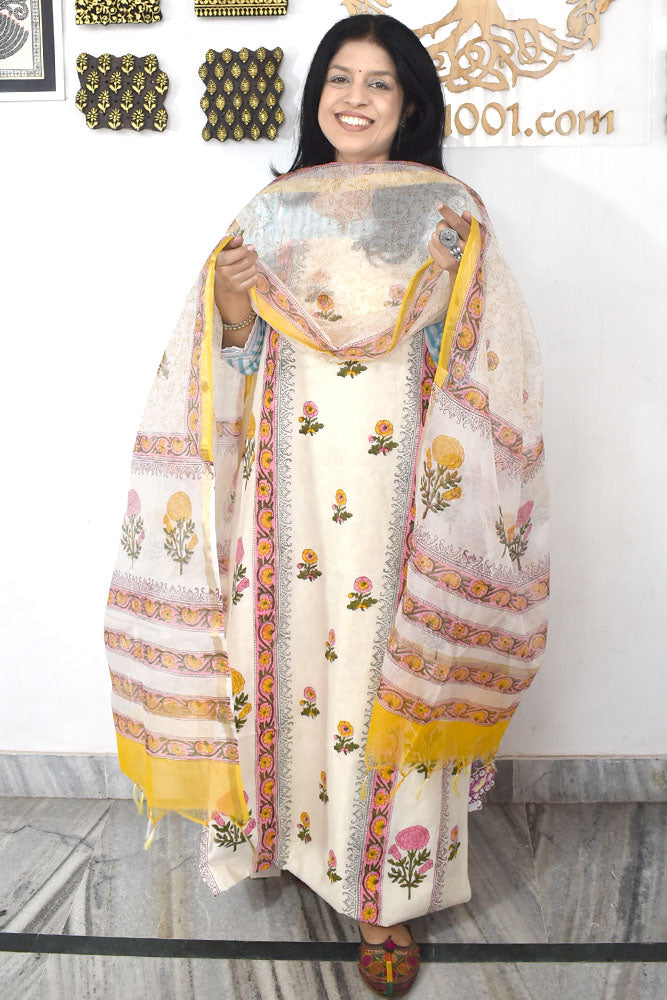 Designer Hand Block Print Cotton suit with Chanderi dupatta