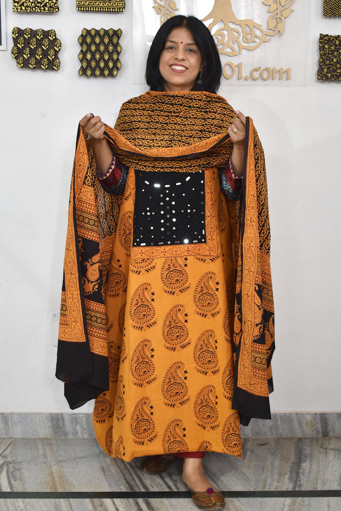 Bagh Hand Block Printed unstitched 3 pc Cotton suit fabric with Kutch Mirror Work