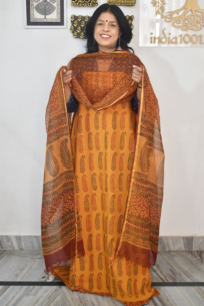 Classic Bagh Block Printed unstitched suit fabric with Kota Doria dupatta