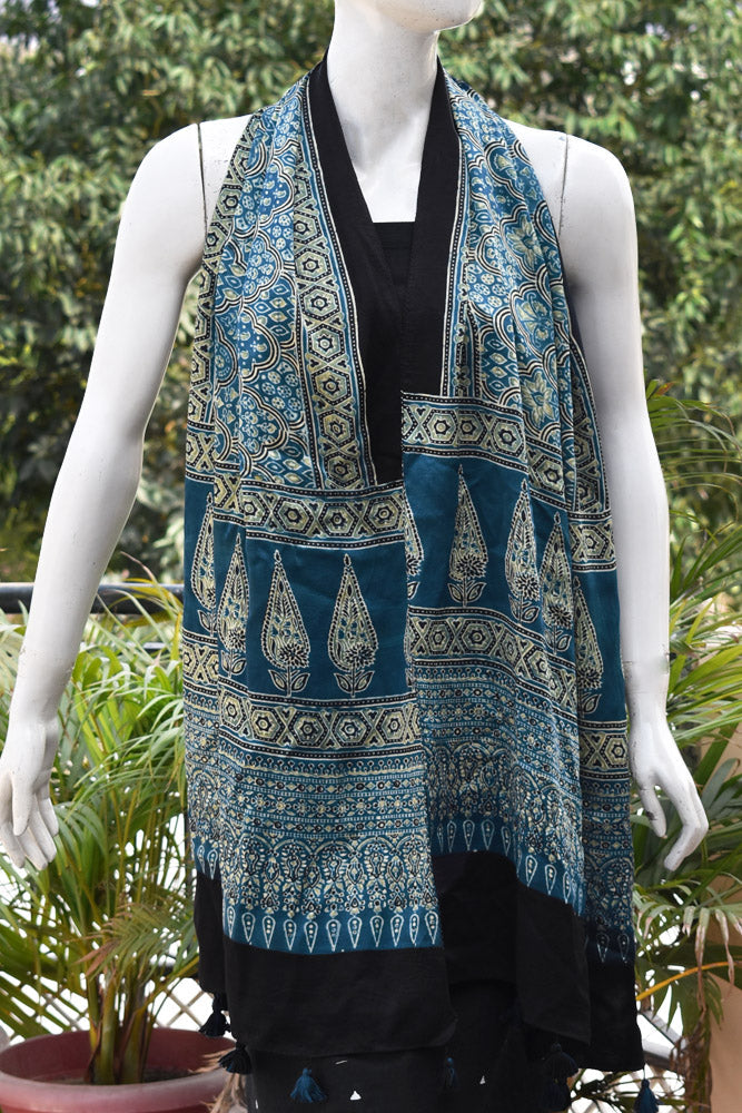 Beautiful Hand Block Printed Ajrakh Modal Silk stole with Tassels