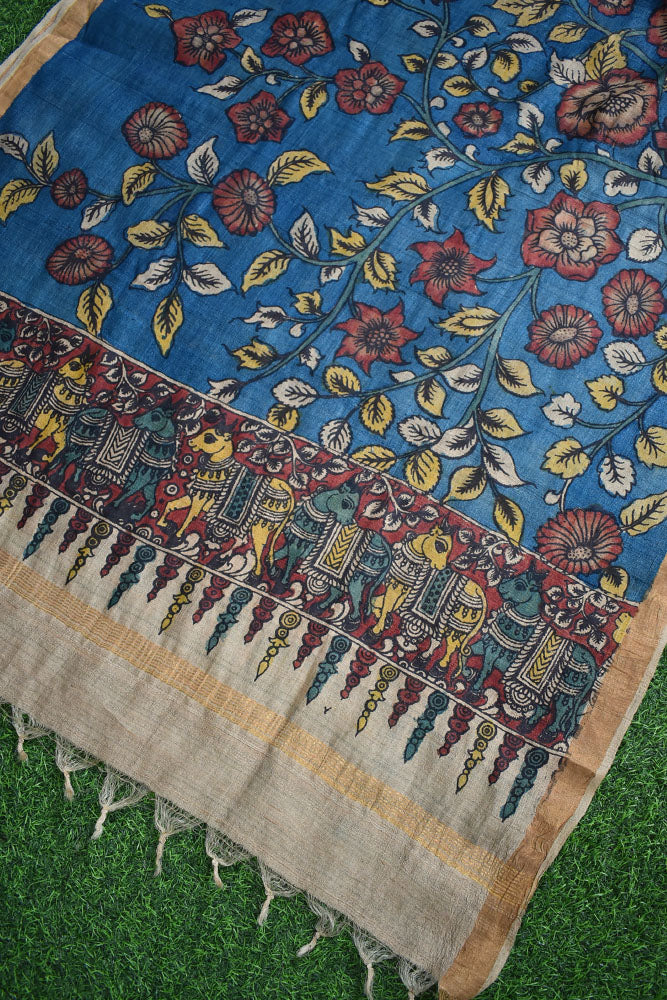 Earthy Hand Painted Kalamkari Desi Tussar Silk Dupatta