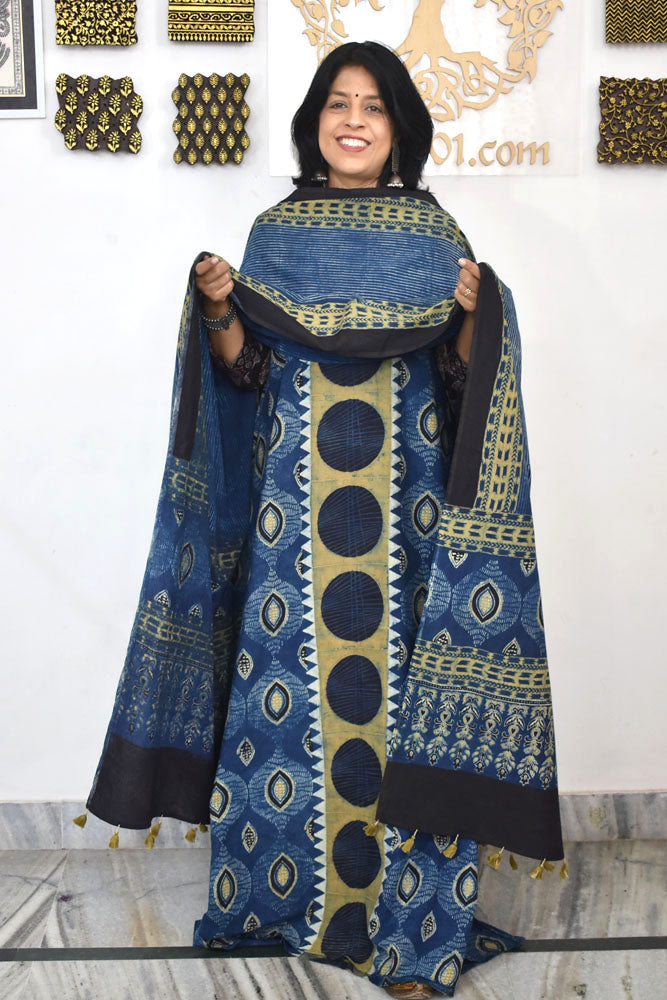Block Print Ajrakh Cotton Suit with designer Ajrakh neck yoke /panel & Dupatta