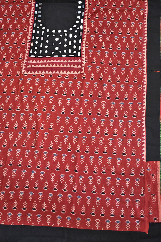 Designer Ajrakh Cotton Short Kurta Fabric with Kutch Mirror Work patch