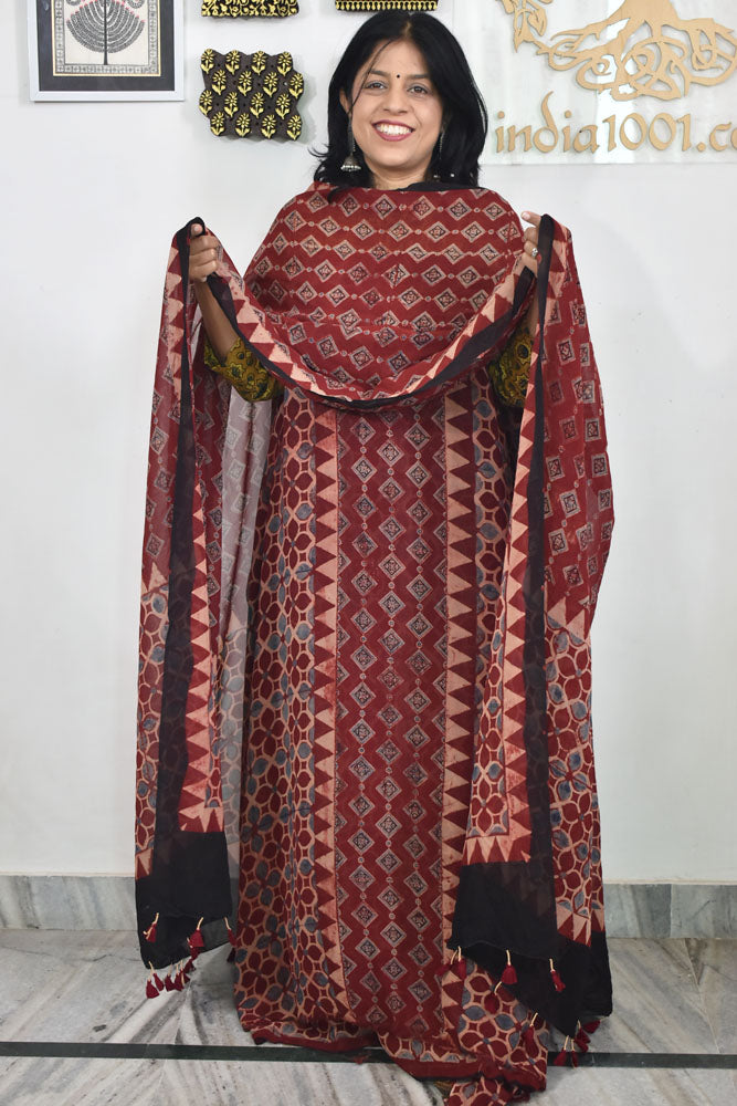 Ajrakh Hand Block Print Georgette Dupatta & Georgette Kurta Fabric