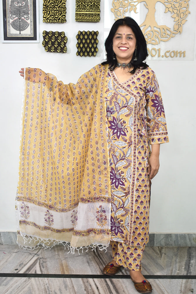 Hand Block Printed Cotton suit with Hand Embroidery - Kurta , Kota Dupatta & Pant - size 38, 40, 42, 44, 46