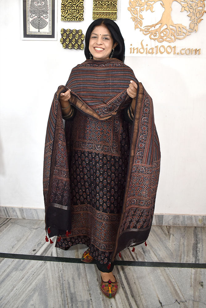 Beautiful Hand Block Printed Ajrakh Maheshwari Silk Cotton Unstitched Set - 2 PC set