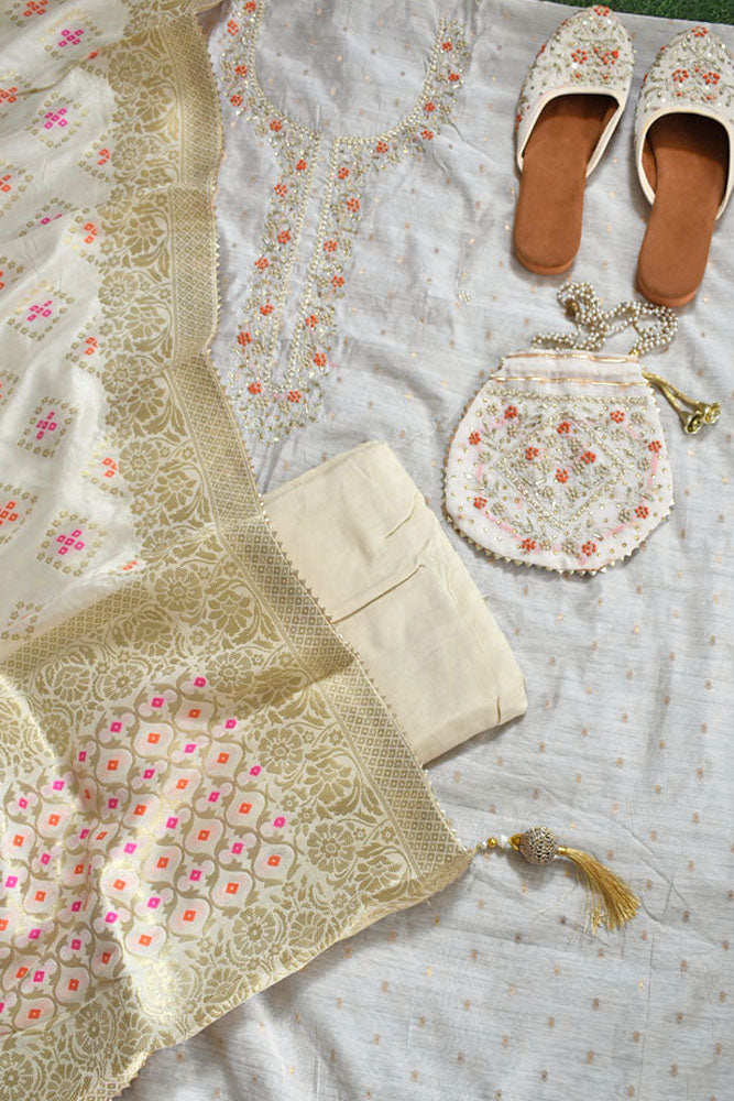 Beautiful Hand Embroidered Chanderi unstitched suit fabric with Banarasi Dupatta & Matching Potli bag & Jutti