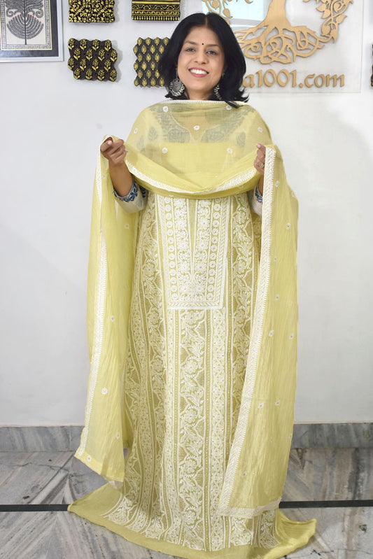 Gorgeous Mul Chanderi Kurta fabric & Dupatta set with embroidery