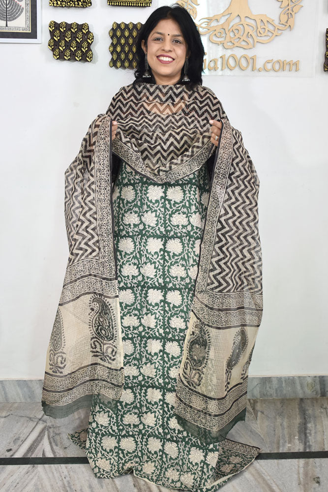Beautiful Hand Block Printed Cotton unstitched suit fabric with Kota Doria Dupatta