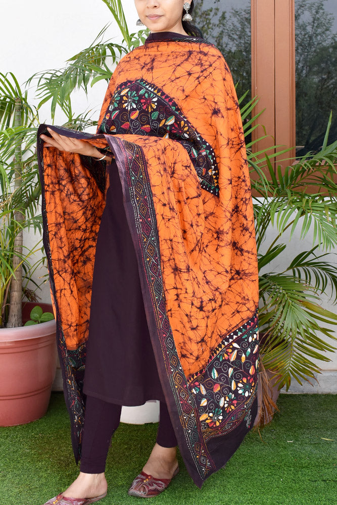 Handcrafted & Handembroidered Cotton Dupatta with Bengal Kantha & Batik work