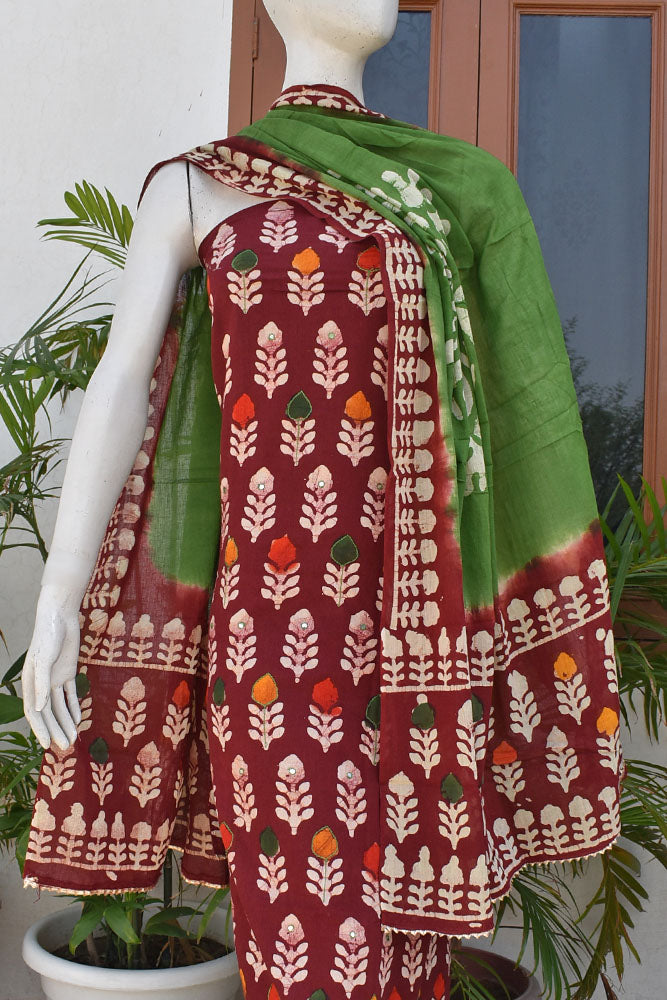 Wax Batik Work Cotton Unstitched Suit Fabric with foil mirror, embroidery & Cotton dupatta