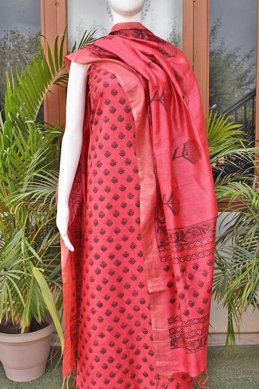 Elegant Hand Block printed Moonga Tussar Silk Kurta Dupatta Set
