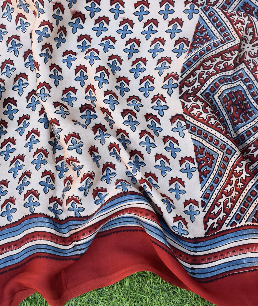 Elegant Hand Block Printed Ajrakh Modal Silk Saree with tassels