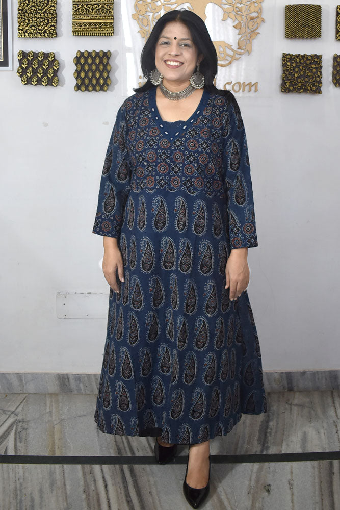 Designer Hand Block Printed Ajrakh cotton Kurta with Mirror Work