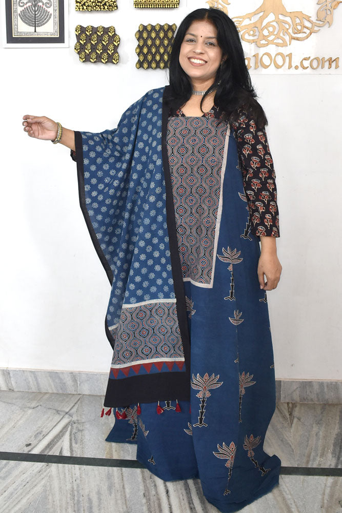 Designer Ajrakh Cotton kurta with Stole & Cotton Bottom - 3 piece set