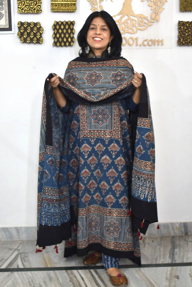 Block Print Ajrakh Cotton Suit with designer Ajrakh neck yoke /panel & Dupatta