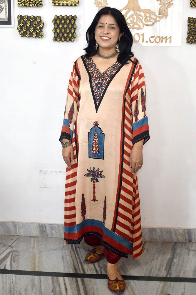 Beautiful Hand Block Printed Ajrakh Modal Silk Kurta, Size 40 to 46