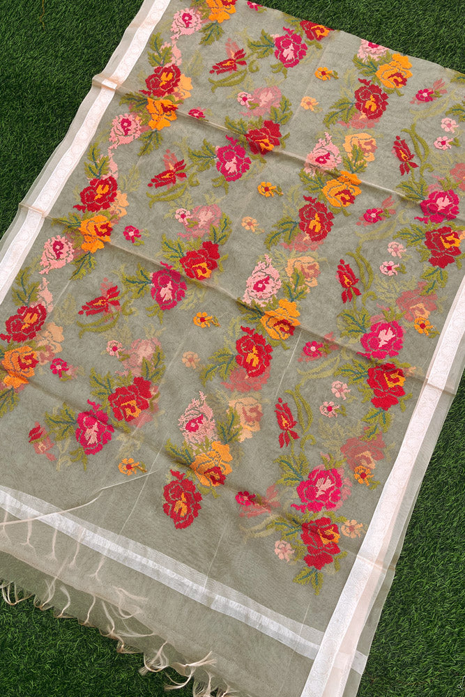 Elegant Peach Organza dupatta with All over Cross Stitch Embroidery