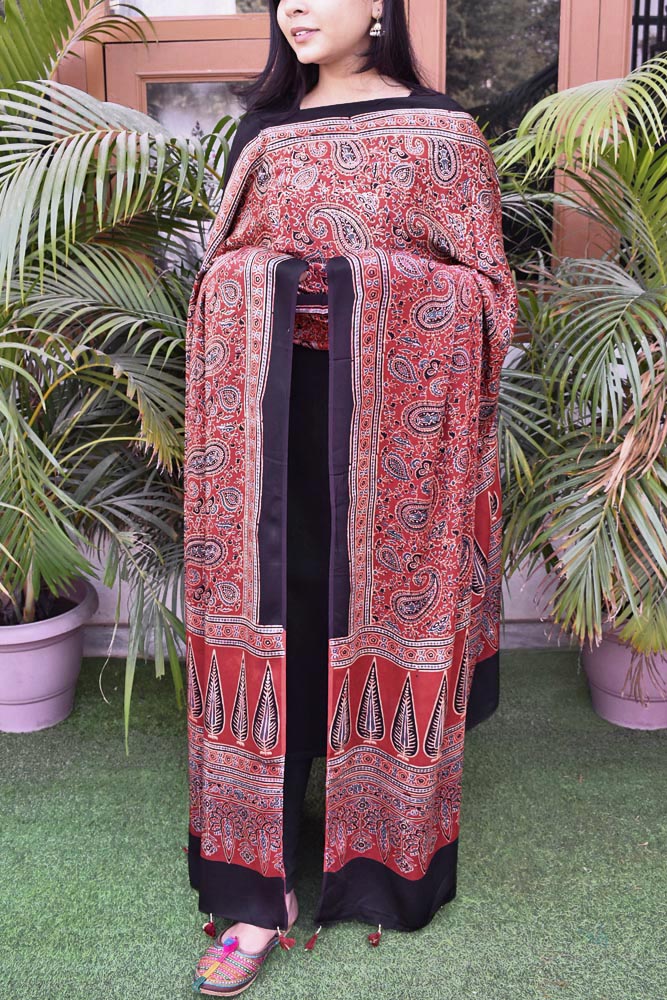 Elegant Modal Silk Ajrakh Block Print Dupatta with tassels