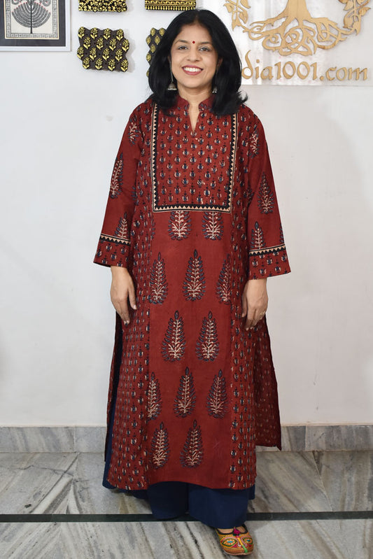 Designer Hand Block Printed Ajrakh cotton Kurta / Dress - Size 38 to 48 ( all sizes)