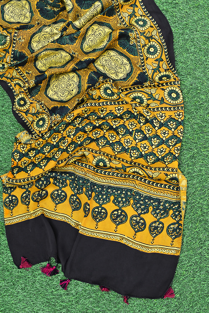 Beautiful Hand Block Printed Ajrakh Modal Silk stole with Tassels