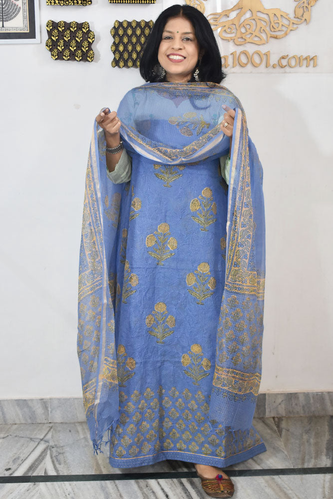 Elegant Kota cotton suit with tepchi work & Hand block printed dupatta