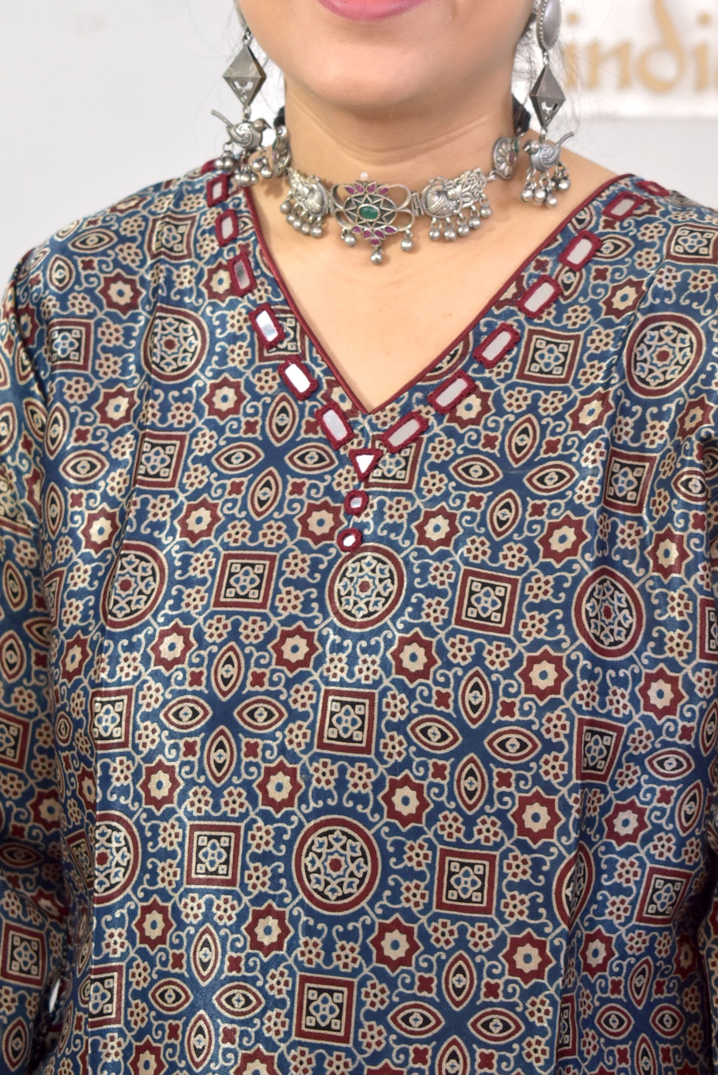 Beautiful Mashru Silk Ajrakh Kurta with Kutch mirror work size - 40-44