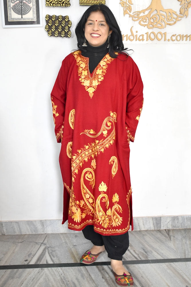 Kashmiri Wool Aari Embroidered Solid Women's Pheran Kurta - Free Size ( for size 38- 48)