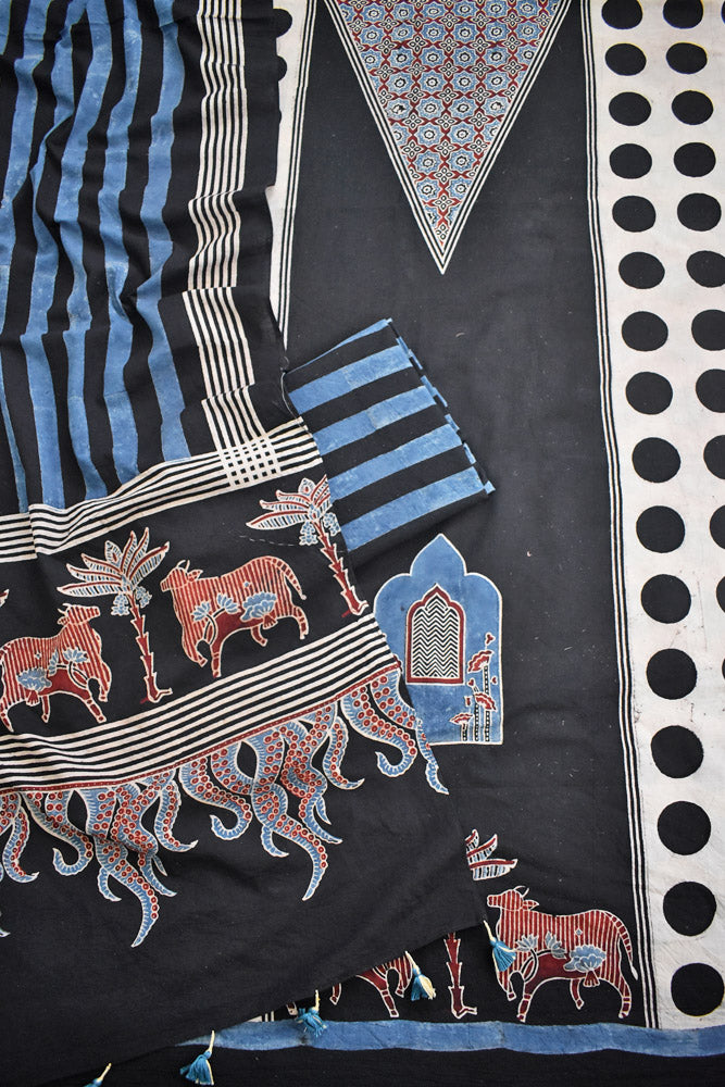 Block Print Ajrakh Cotton Suit with designer Ajrakh neck yoke /panel & Long Stole