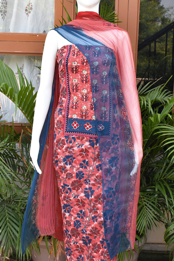 Premium Dabu Ajrakh Cotton Unstitched Suit with Intricate Hand Embroidery, mirror & sequin work & chiffon dupatta