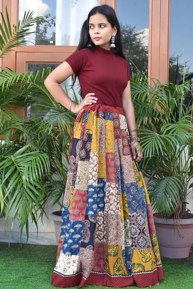 Beautiful Ajrakh Hand Block Printed Patch Work Cotton Long Skirt with Stitched borders