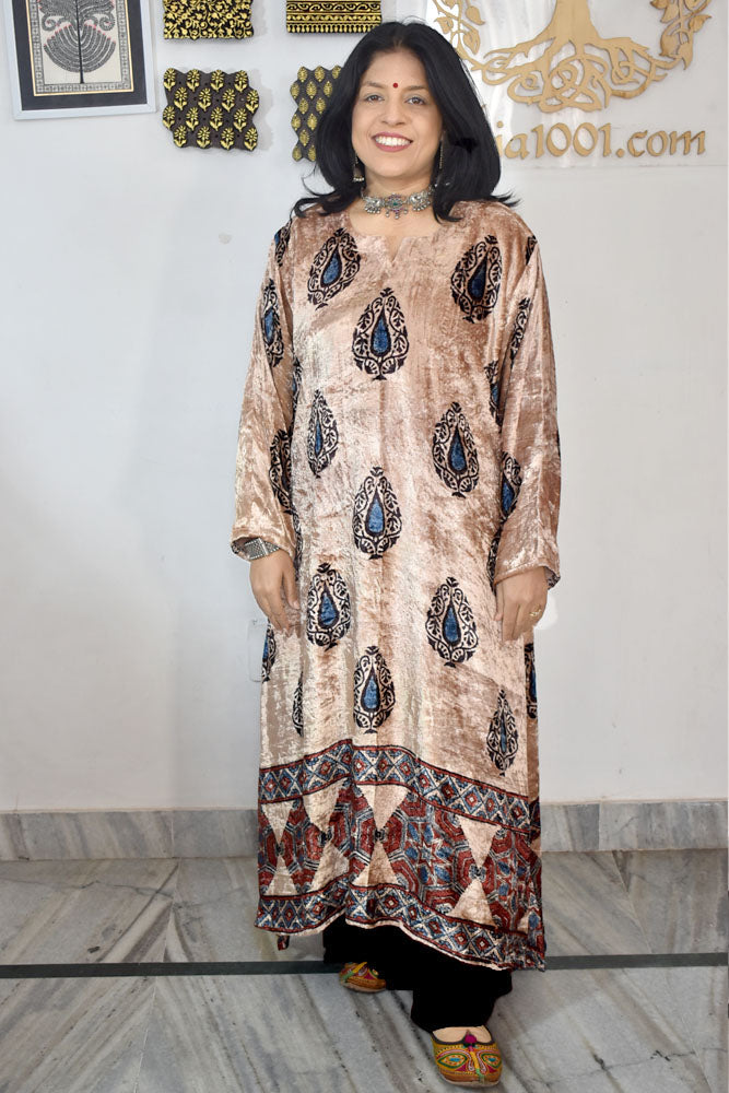 Beautiful Ajrakh Velvet Hand Block Print kurta , Size 38 to 46