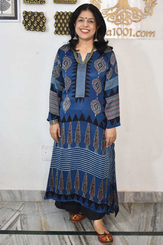 Beautiful Hand Block Printed Ajrakh Modal Silk Kurta, Size 38 to 52